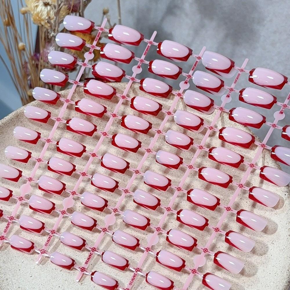 120Pcs Fashion White Edge Press On Nails Square Shape Medium Length False Nails Nude Pink Glossy Finish Fake Nails