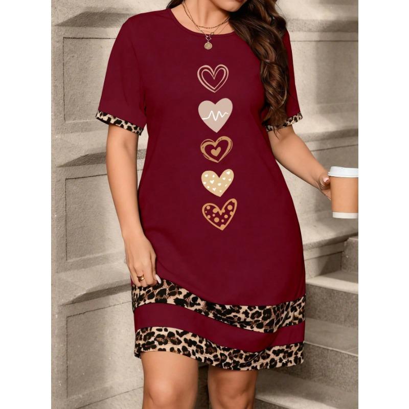 

Women s Heart Print Round Neck Short Sleeve Casual T-Shirt Dress With Leopard Trim S