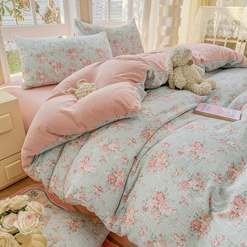 Class A maternal and infant grade, jacquard aerobic colored cotton, skin-friendly, comfortable, simple and literary 4pcs set on the bed