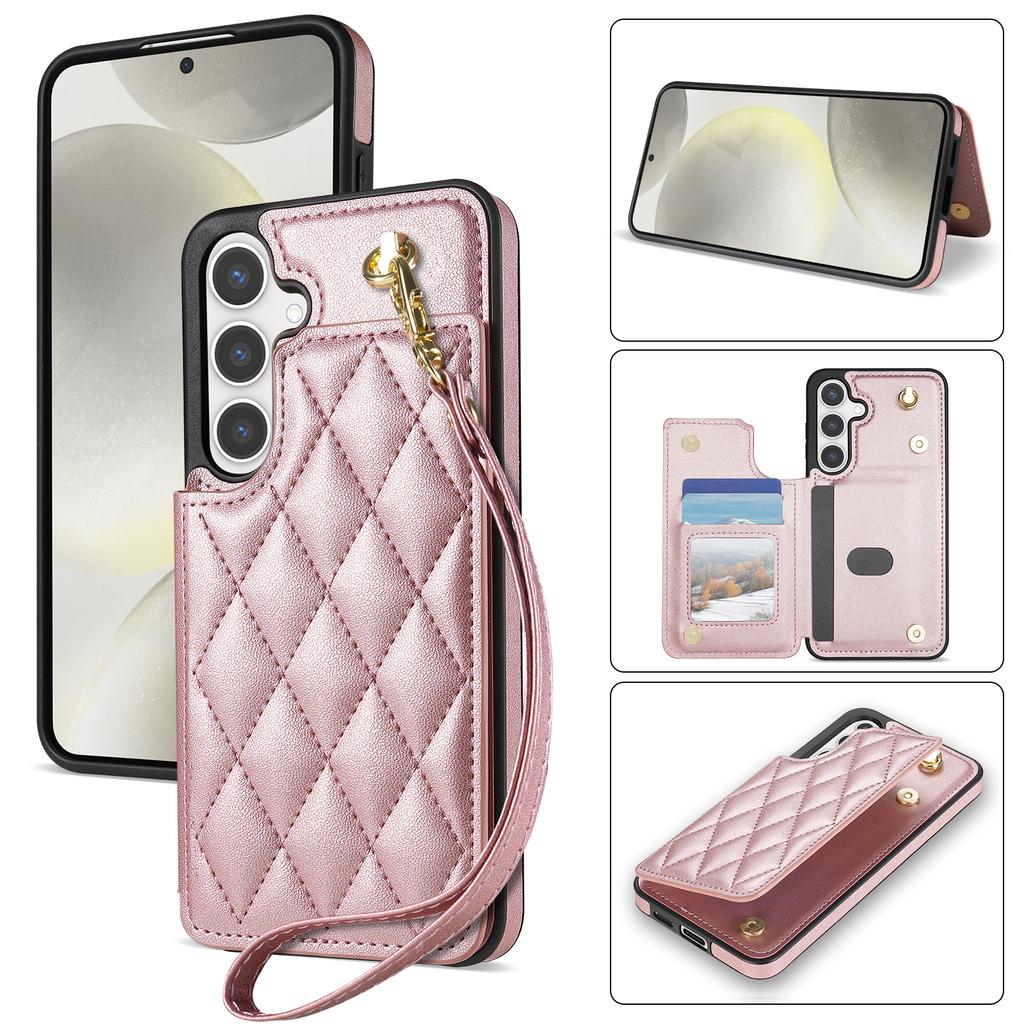 For Samsung Galaxy S24 Case with Wrist Strap Card Slots Rhombus Leather+TPU Phone Cover