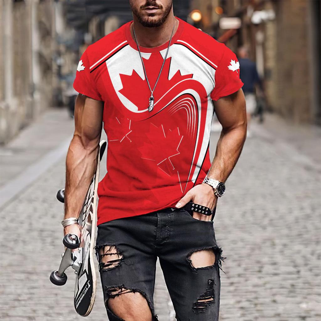 Kanadská vlajka Národní znak Tištěný vzor javorového listu Harajuku Pánská Dámská Móda Street Crew-neck Tričko s krátkým rukávem