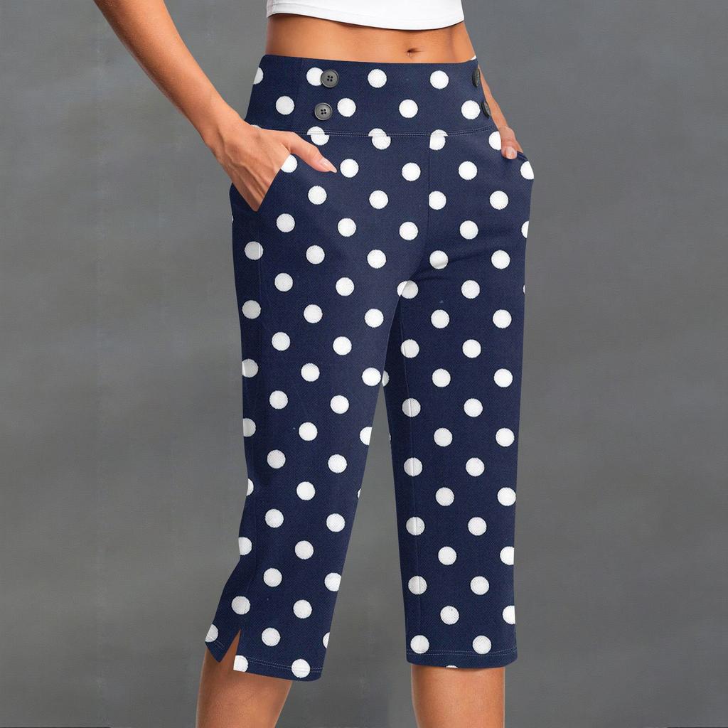 Women's Fashion Polka Dot Button Pocket Trousers Slit High Waist Sports Yoga Casual Cropped Pants