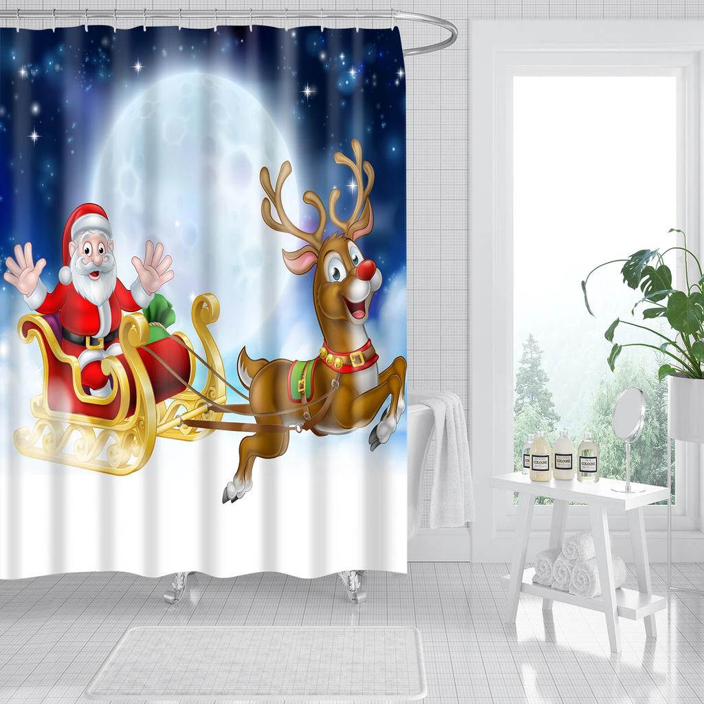 Merry Christmas Shower Curtains New Year Santa Bathroom Decor Bath Curtain Cartoon Snowman Elk Bath Bathroom Curtains