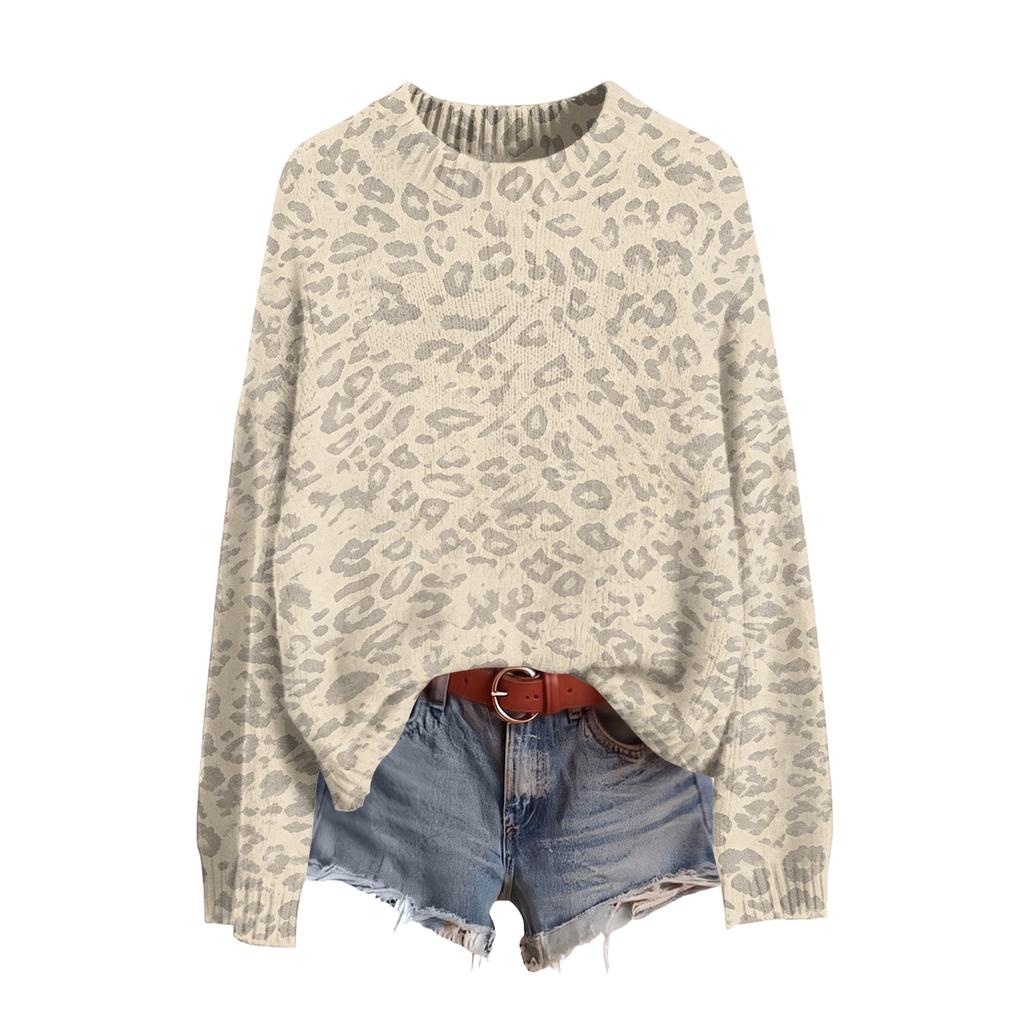 Women's Soft Leopard Print Neck Long Sleeve Sweater Pullover for Fall and Winter