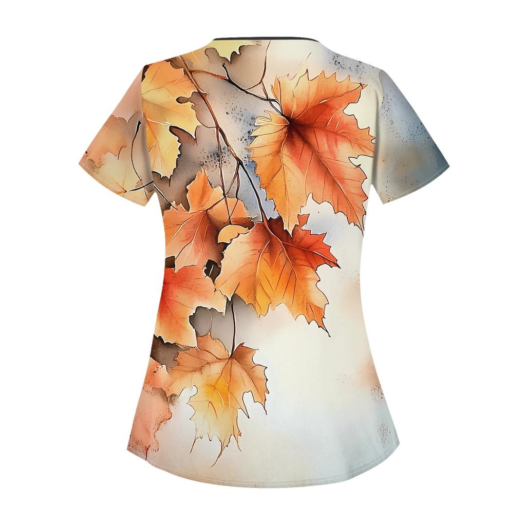 Women's Casual Print Short Sleeve Sloping Collar Workwear Top With Double Pockets