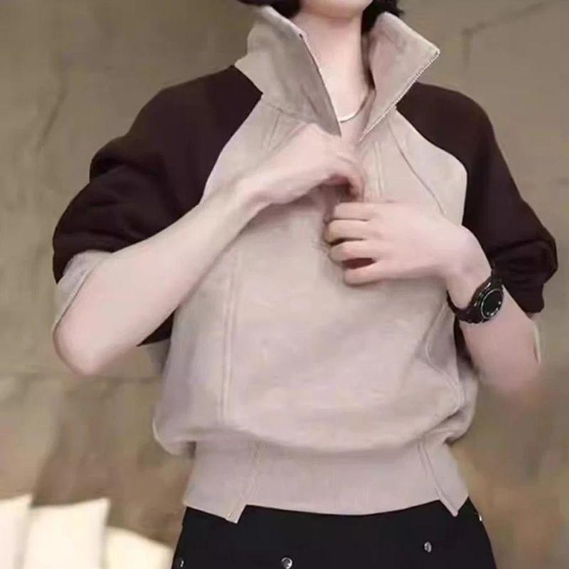 Half Zip Stand Up Collar Splicing Pullover Hoodie for Women's Autumn and Winter Fashion Short Top