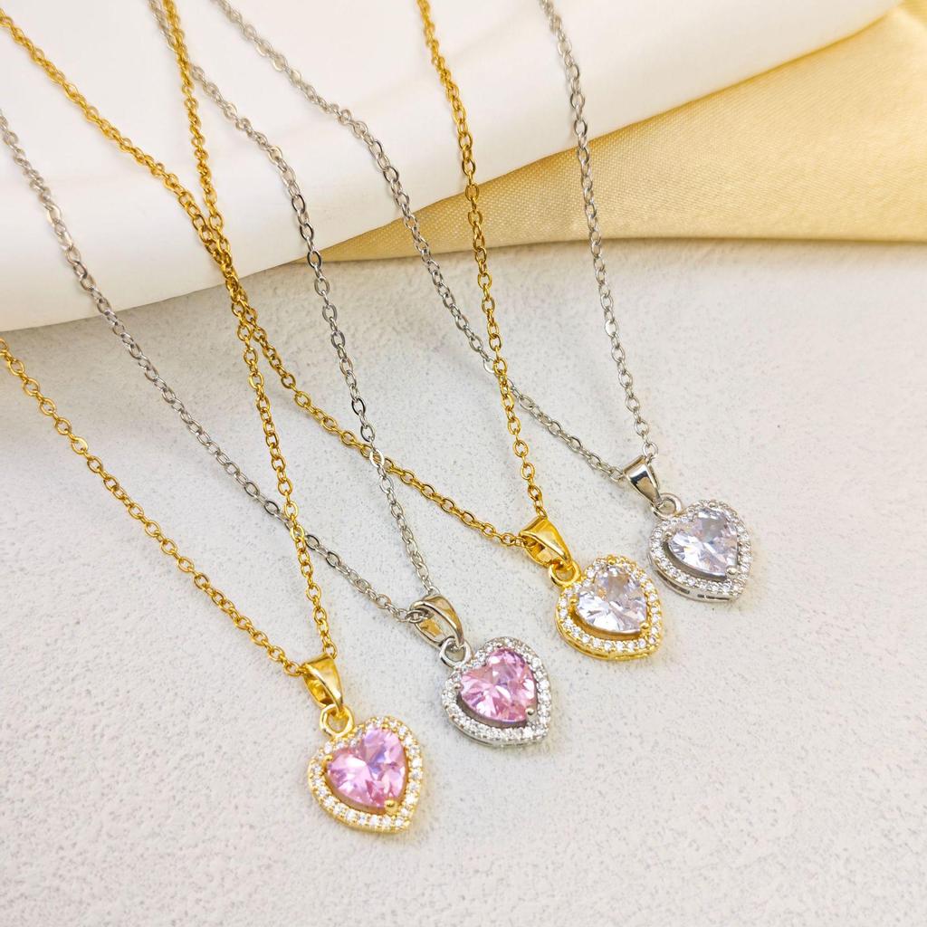 French Peach Heart Zircon Necklace: Multicolor Diamonds on Stainless Steel with Retro INS Style Titanium Design.