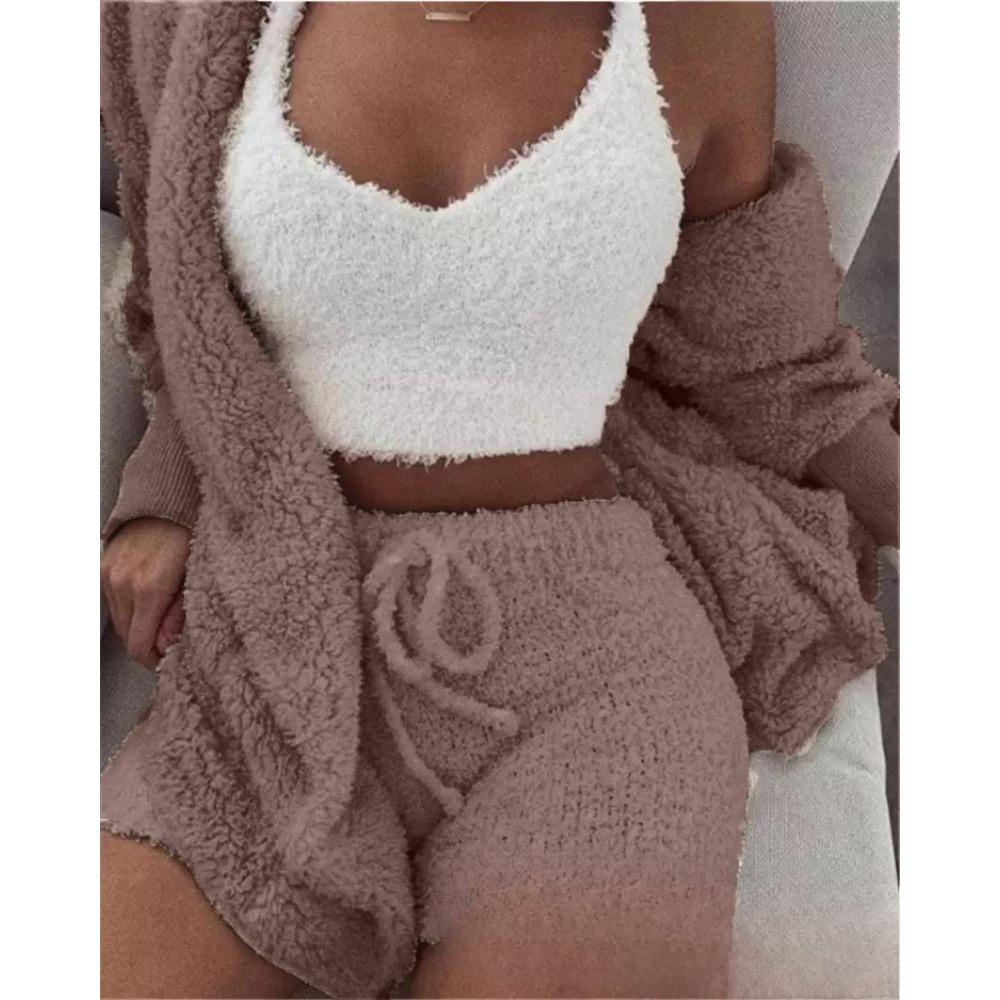 Women's Loose Fit Three Piece Loungewear Long Sleeve Fuzzy Cardigan V Neck Tank Drawstring Waist Shorts Winter Solid Tracksuit