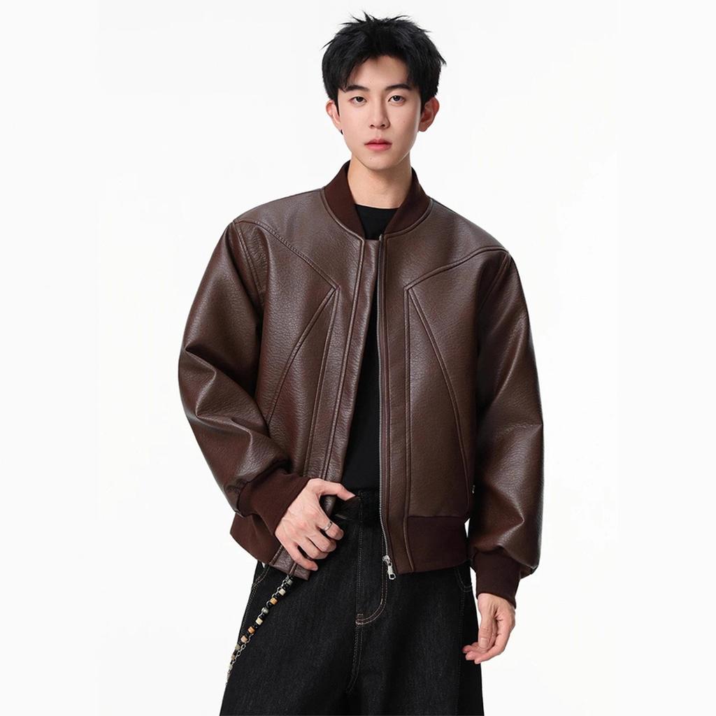 Baseball Collar Leather Jacket Men's Autumn Lining Short Pu Leather Motorcycle Jacket