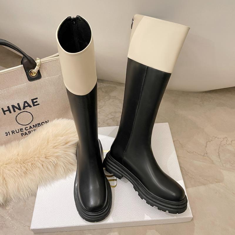 Soft Leather Version~ Splicing Boots New High Boots In Autumn and Winter 2025 Color Matching Thick-soled Rear Zipper Knight Boots