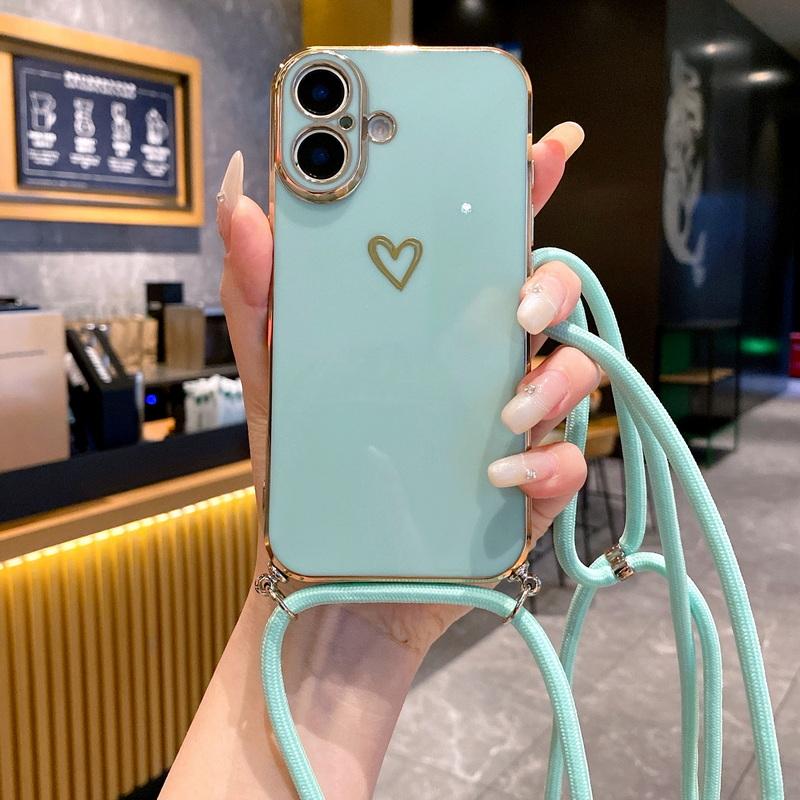Husă Moale TPU cu Placare cu Imprimeu Inimă Iubire Pentru iPhone 16 Pro Max 15 Pro 14 Pro 13 12 11 Șnur Crossbody Rezistentă la Șocuri Protecție Obiectiv Husă Luciosă pentru Telefon