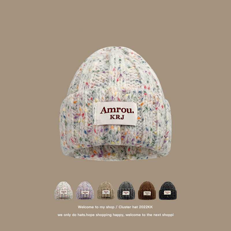 

Colored Doudou knitted wool hat Female students Contrast colors Thickened thermal bag head Ear protection hat Show small face Cold hat One Size