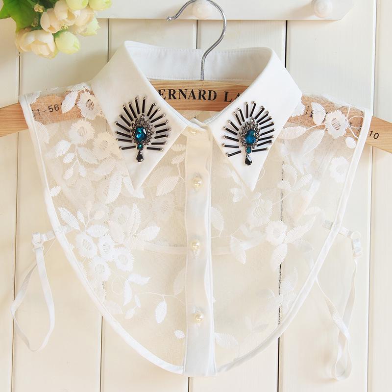 Korean Style Women s Blue Rhinestone Peacock Lace False Half Collar Shirt