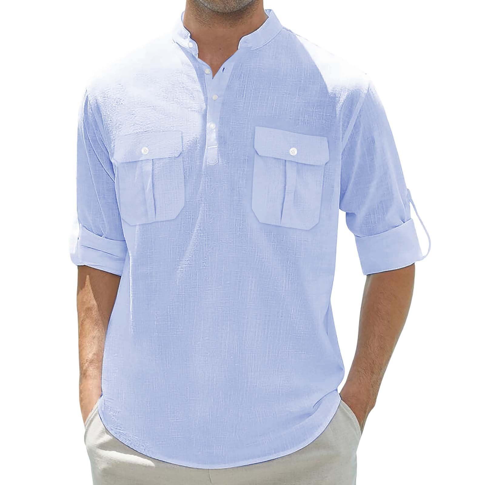 Men s Linen Long-sleeved Casual Loose -color Double-pocket Cotton And Linen Shirt L