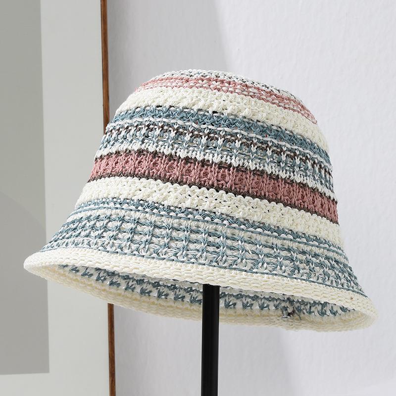 Women Vintage Weave Striped Color Matching Sweet Beach Versatile Sun Shade Casual Bucket Hat