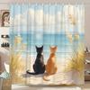1pc Tranquil Ocean & Cat Scene Shower Curtain - Soft Polyester, Realistic Beach & Cats Design, Cat Shower Curtain