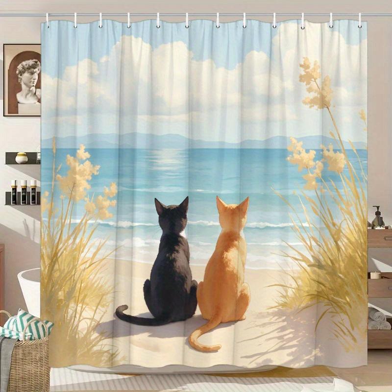 1pc Tranquil Ocean & Cat Scene Shower Curtain - Soft Polyester, Realistic Beach & Cats Design, Cat Shower Curtain