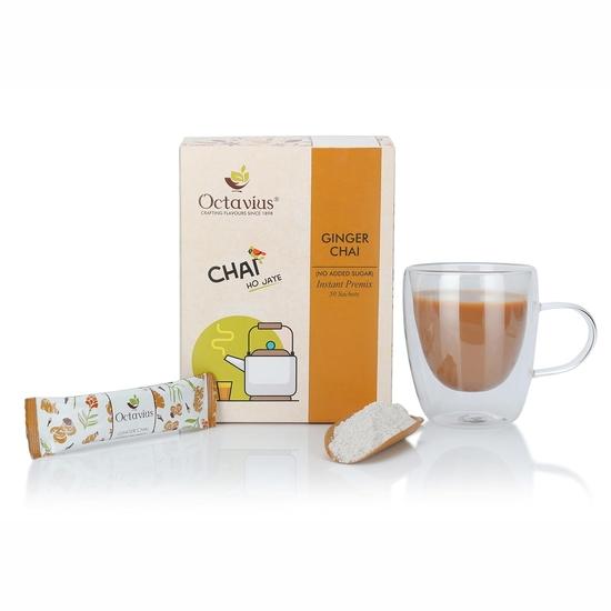 Octavius | NO ADDED SUGAR Ginger Premix Tea - 50 Pouches | Adrak Chai | Readymade Tea Mix | Low Sugar | Instant Tea | Tea Premix | 1 Minute Tea