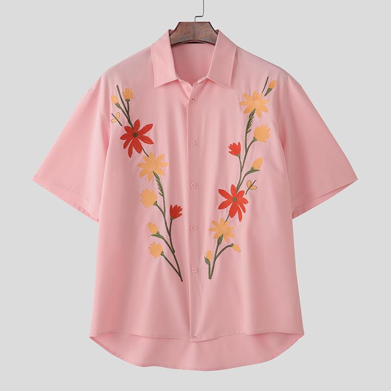 

INCERUN Summer Men Lapel Neck Short Sleeve Floral Print Buttons Casual Shirts 4XL розовый