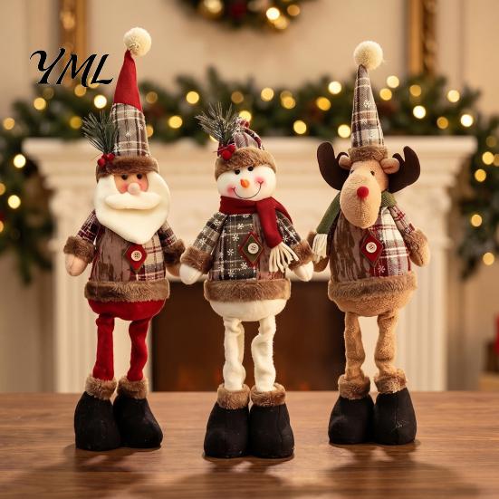 Holiday Tabletop Ornaments for Home Christmas Retractable Leg Plush Doll, Santa Snowman Elk Figures with Soft Fabric Collectibles Adjustable Long Legs