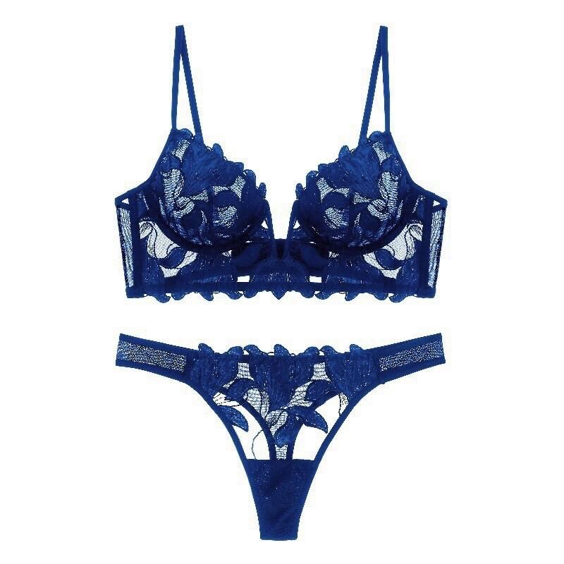 French Explosive Deep V Sexy Embroidered Lace Underwear Women's Ultra-thin Big Breasts Small Gathering Bra