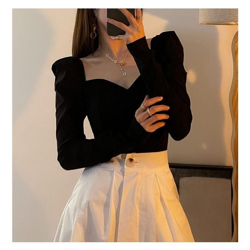 Vintage Square Collar Puff Sleeve Women Blouse Black Sexy Elegant Temperament Long Sleeve Top Spicy Girl V-neck Casual Ssummer