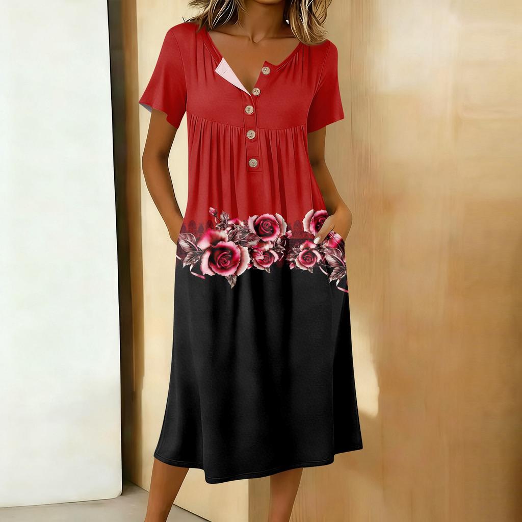 Modna damska sukienka retro z nadrukiem, okrągłym dekoltem, krótkim rękawem, zapięciem na guziki, o średniej długości, codzienna