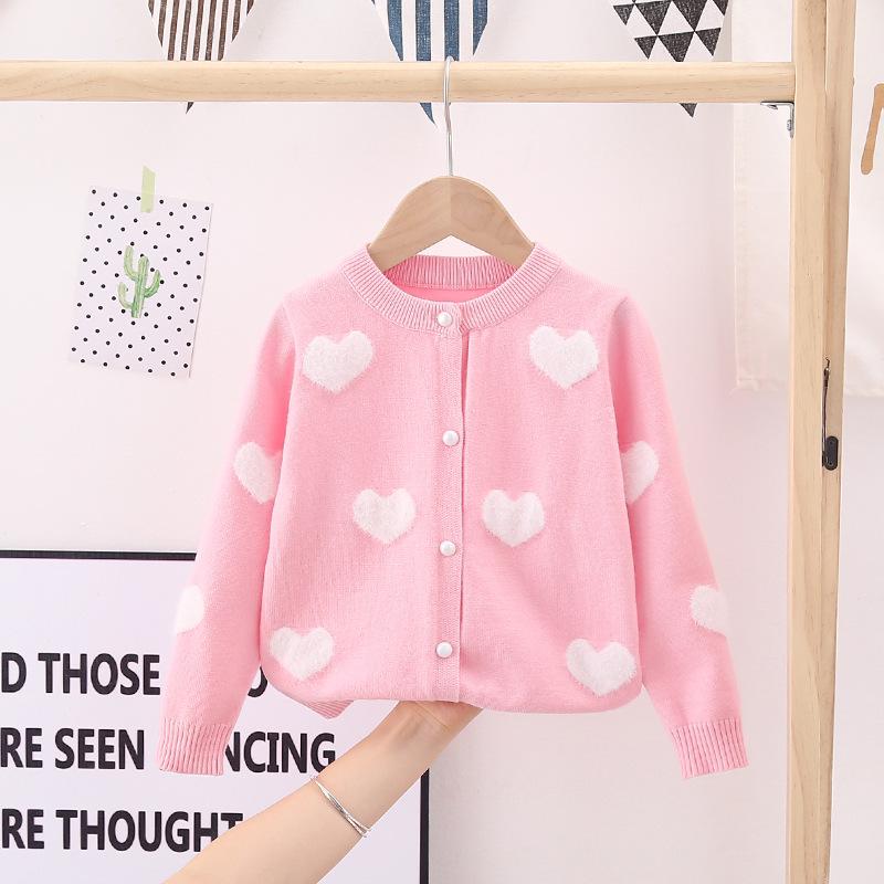 Jinbei Girls' Heart Jacquard Faux Mink Cardigan - Autumn Baby Round Neck Sweater