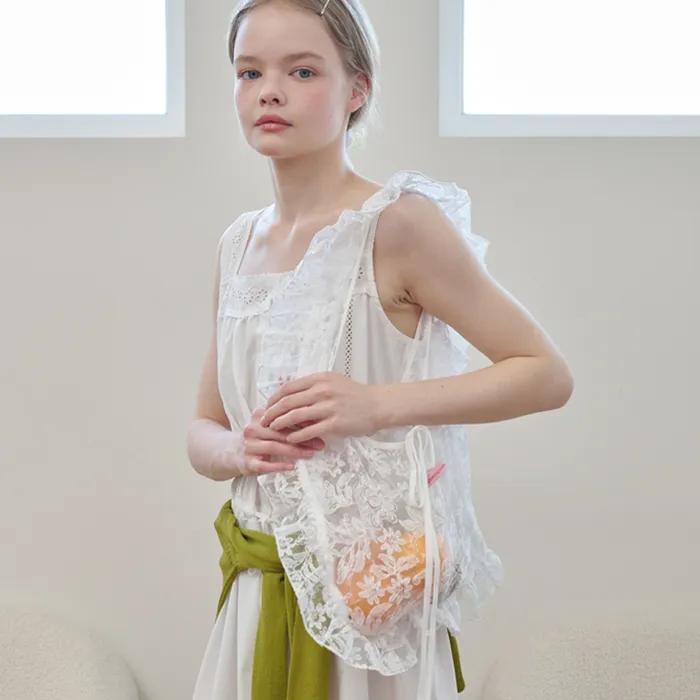 Flower Lace Frill Hobo Bag White