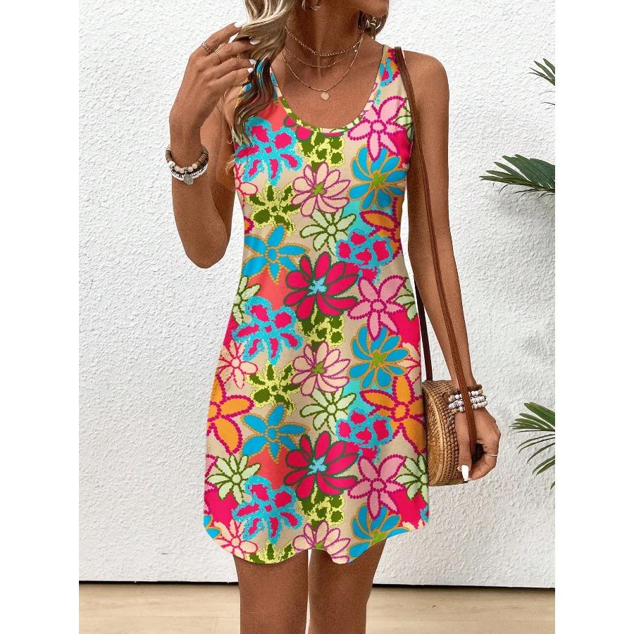 Summer Casual Colorful Floral Print Crew Neck Sleeveless Shift Dress For Women Y2k Ladies Clothes Oversized Female Clothing Tees
