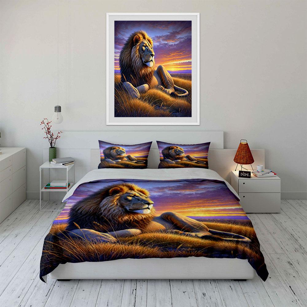 Relaxing Lion, Sunset Background. Bedding Sets Duvet Cover Sets Duvet Covers Pillowcases(1*Duvet Cover 2*Pillowcases Without Duvet Insert)