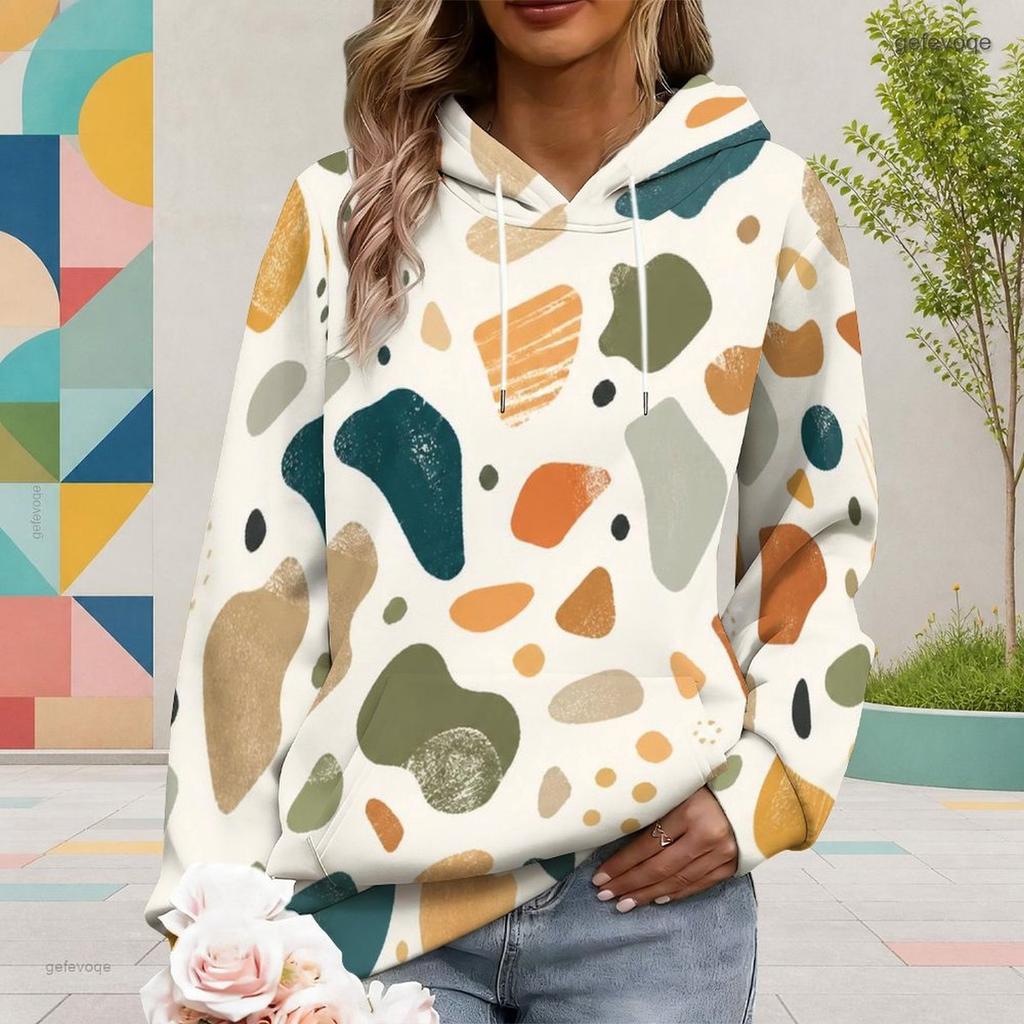 Kadın Plus Beden Uzun Kollu İpli Kapüşonlu Sweatshirt Soyut Baskılı Kanguru Cepli Pullover