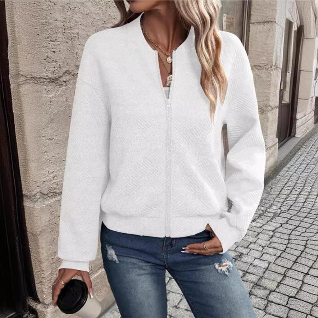 2025 Spring/Autumn Women's Plaid Zipper Jacket with Round Neck and Long Sleeves - Fashionable European and American Style.