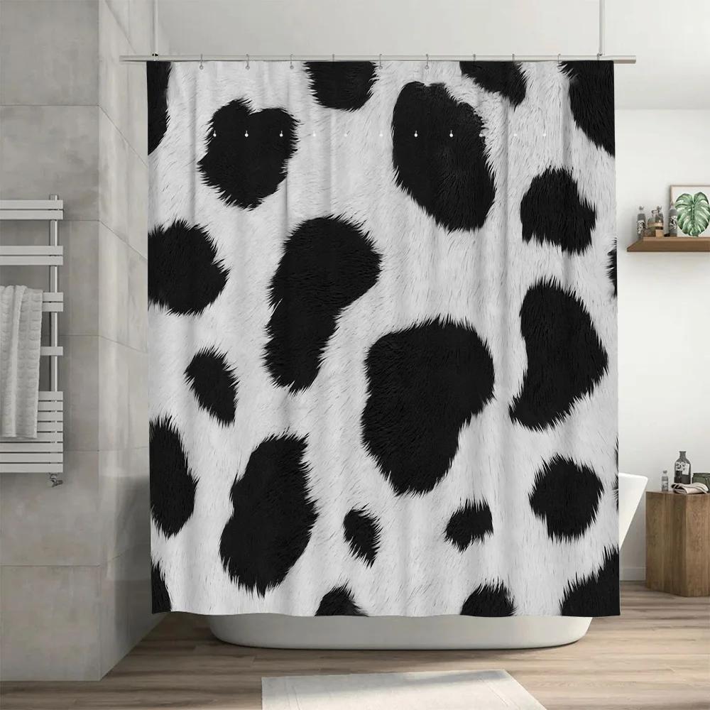 Animal Print Shower Curtain with Black Spots Waterproof Fabric for Bathroom Decor White Black