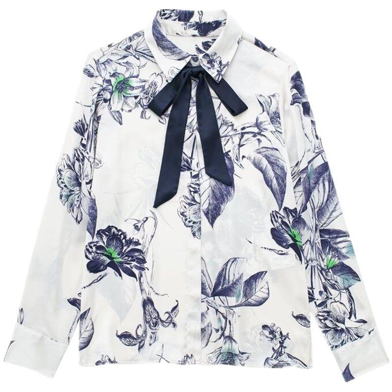 

Fashion Style 2024 Spring New Arrival Easiest for Match Chiffon Drape Bowknot Decoration Print Shirt 2345115 070 Picture color XS
