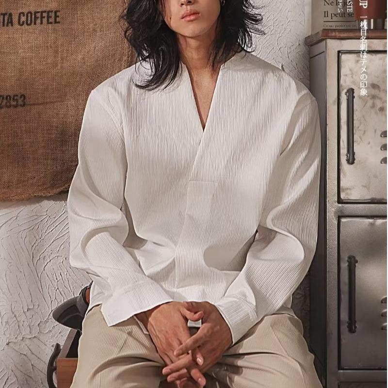 

Korean Style Men s V-Neck Long-Sleeve Solid Color Casual Pullover Shirt M белый