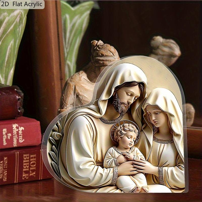 1pc Nativity Scene Acrylic Square Decorative Item - 2D Flat Design with Mary, Joseph & Youngsters, Ideal for Home & Office Desk, Christian Gift 