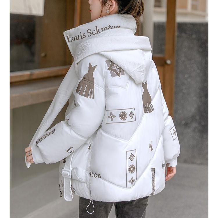 

Зимняя мода Хлопковая куртка с капюшоном Короткая с принтом Утепленное пальто с надписью XL белый