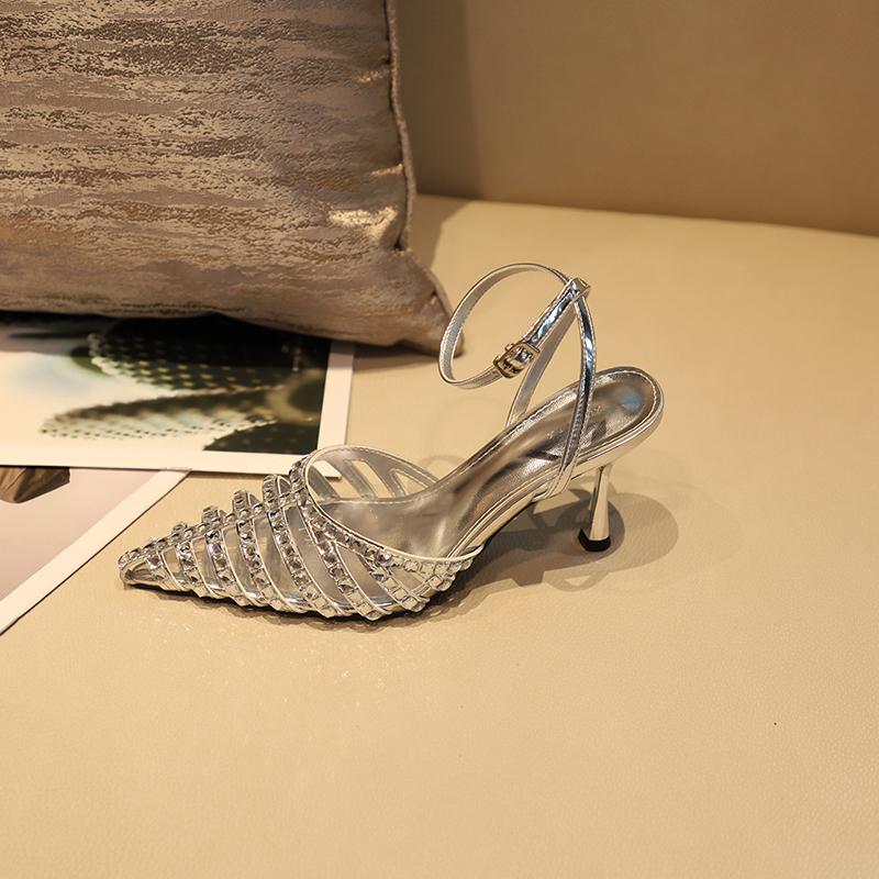 

Fashion Shoes Female 2024 High Quality Ankle Strap Women Sandals Summer Pointed Toe Buckle Dress Stilettos or Thin Heels Shallow Sandals 35 срібний