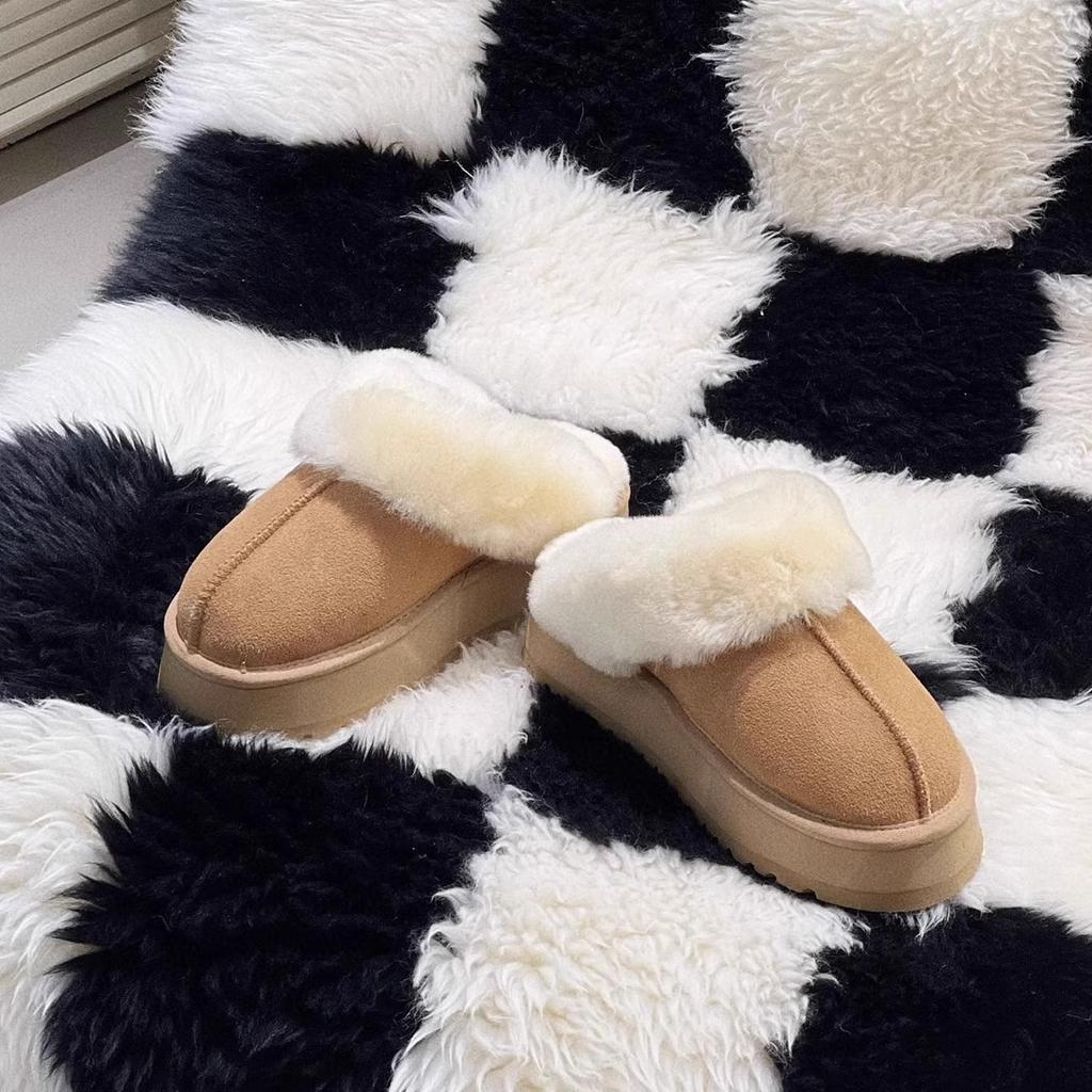 Cowhide Version~ Slippers Women Wear Winter Fur Integrated Thick-soled Bag Head Fluffy Slippers Plush Snow Boots Cotton Shoes