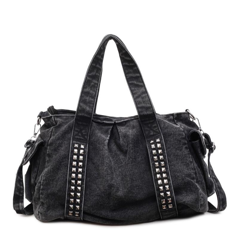 Vintage Denim Shoulder Bag Large Capacity Multi-pocket Travel Storage Tote Women Wide Shoulder Strap Rivet Design Crossbody Bag