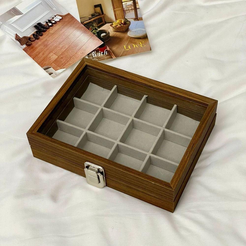 Large Capacity Wooden Jewelry Box Glass Lid Jewelry Display Tray  Ring/Earring Display