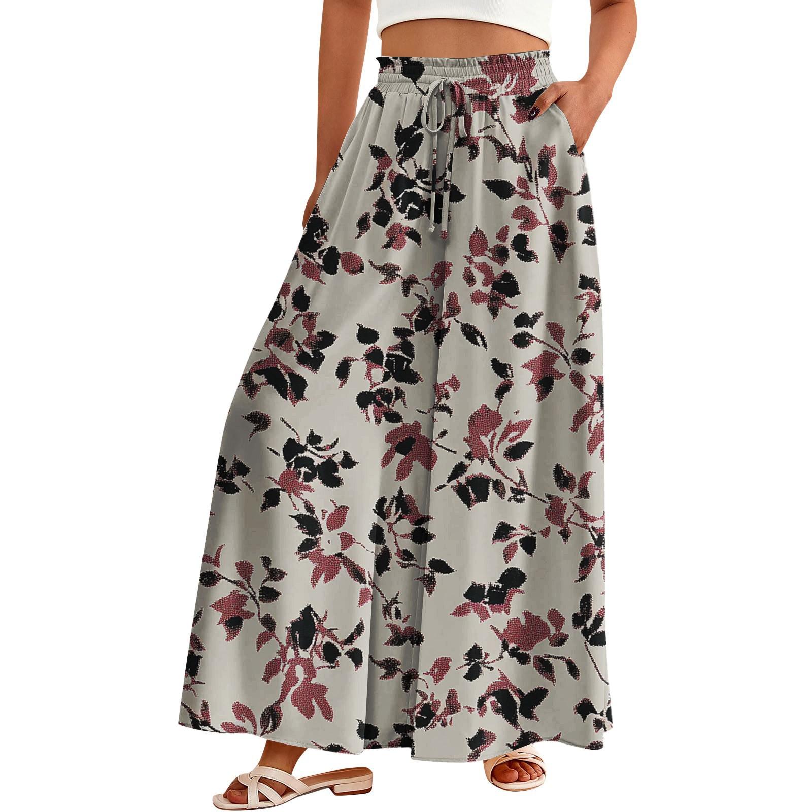 

Женские брюки-палаццо с цветочным принтом в стиле бохо, широкие брюки, летние пляжные струящиеся брюки с высокой талией и карманами XXL белый