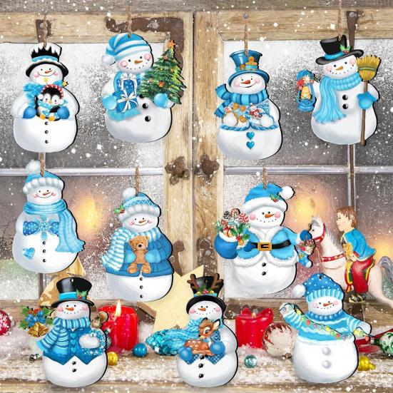 12Pcs Christmas Wooden Snowman Hanging Decoration Farmhouse Rustic Holiday Party Winter Xmas Tree Cartoon Snowman Hanging Ornament