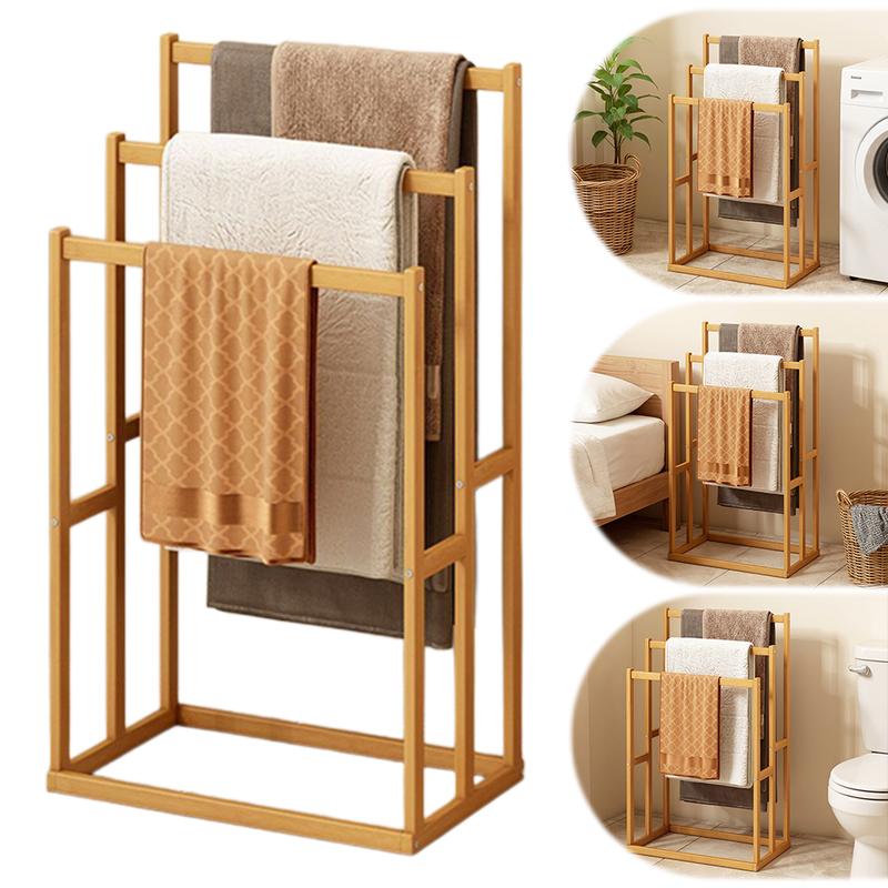 Wood Vertical Towel Rack with 3 Hanging Crossbars 3 Tier Standing Towel Rack Floor Towel Rack for Bathroom Dorm Bedroom Pool