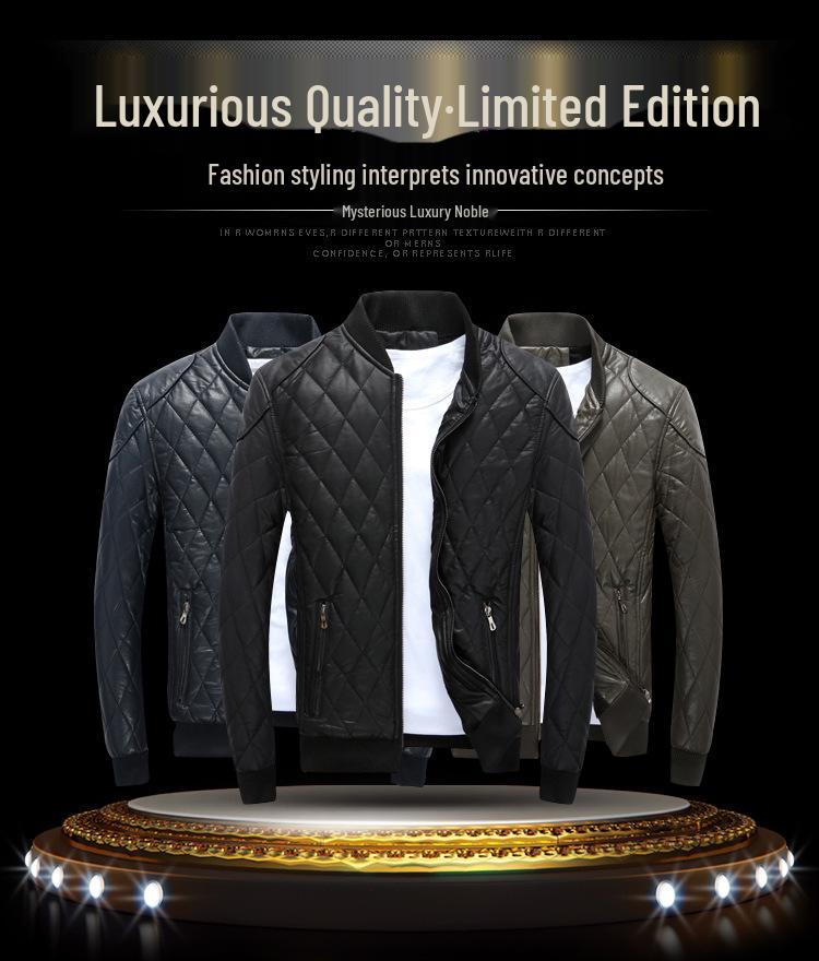 Youth Blue Leather Jacket with Stand Collar, Zipper, Side Pockets, and Round Hem - European-American Style, Winter Collection.