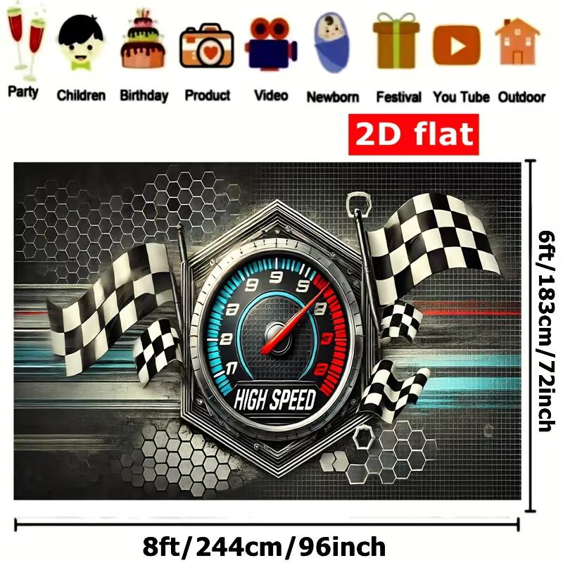 2D Racing Birthday Photo Backdrop Speedometer Flag Decor Cloth