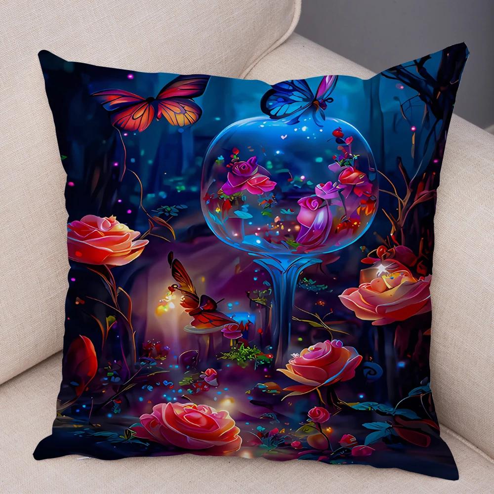 Tecknad Blomma Fjäril Djur Kuddfodral Dekor Blomma Kuddfodral för Soffa Hem Bil Fantasi Skog Mjuk Plysch Kuddfodral