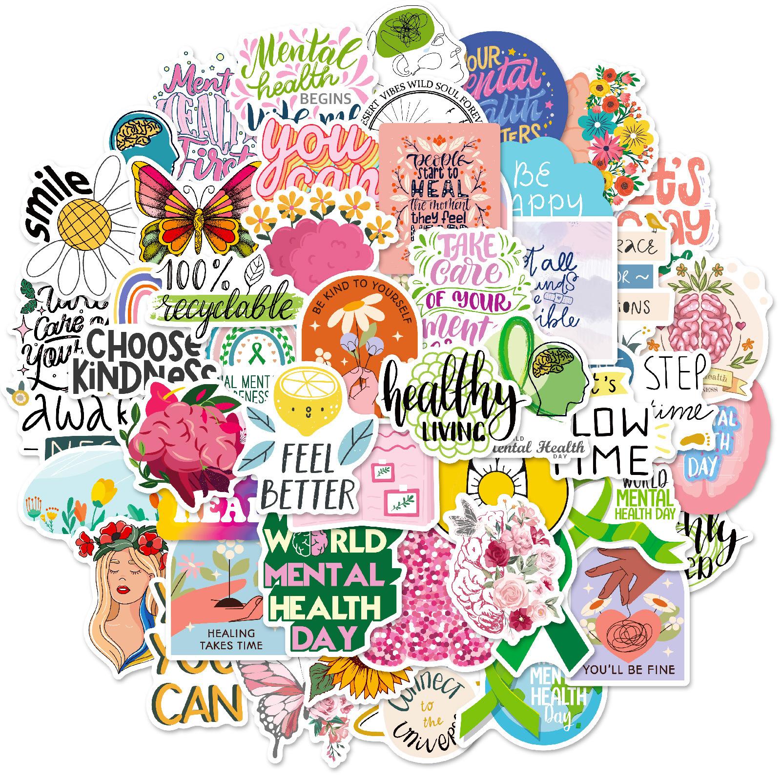 

50 Наклеек на тему психического здоровья Маленькие Свежие Мультяшные Английские Короткие Скейтборд Водяной Стакан Водонепроницаемые Декоративные Наклейки