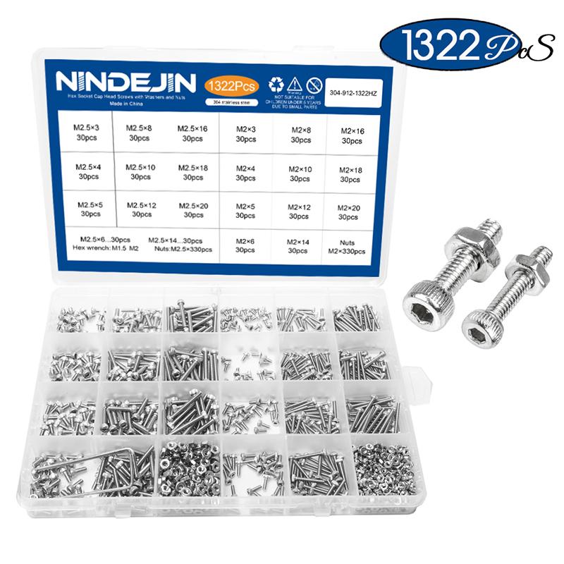 NINDEJIN 1322pcs/set Hexagon Socket Head Cap Screw and Nut Stainless Steel M2 M2.5 Hex Socket Countersunk Button Head Screw Set